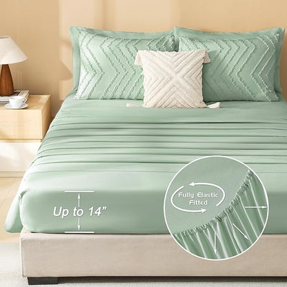 Litanika King Size Comforter Set with Sheets Sage Green - 7 Pieces Bed in a Bag King Boho Tufted Complete Bedding Sets with Comforter, Sheets, Pillowcases & Shams