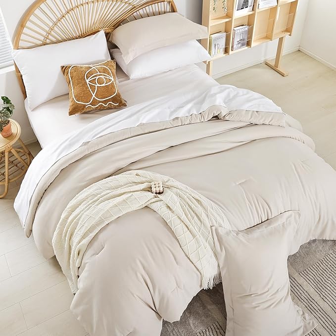 weigelia King Size Comforter Set 7 Pieces Beige Comforter Set Bed in a Bag Soft Microfiber King Bedding Set with Sheets, Pillow Shams and Pillowcases for All Season