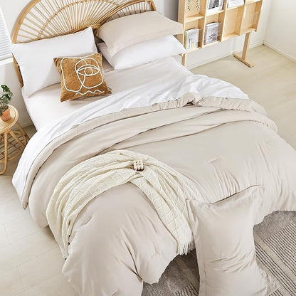 weigelia King Size Comforter Set 7 Pieces Beige Comforter Set Bed in a Bag Soft Microfiber King Bedding Set with Sheets, Pillow Shams and Pillowcases for All Season