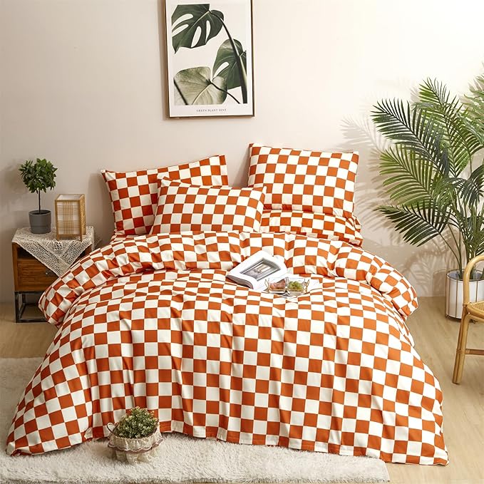 CLOTHKNOW Orange Plaid California King Comforter Set Grid Bedding Comforter Sets Geometric Buffalo Comforter with 2 x Pillow Cases