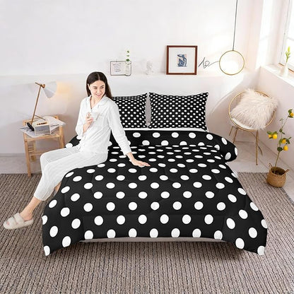 Manfei Polka Dots Comforter Set Full Size,Cartoon French Style Dots Black White Bedding Set for Child Young,Modern Geometric Circles Abstract Simple Art Comforter,3 Pcs 2 Pillowcases