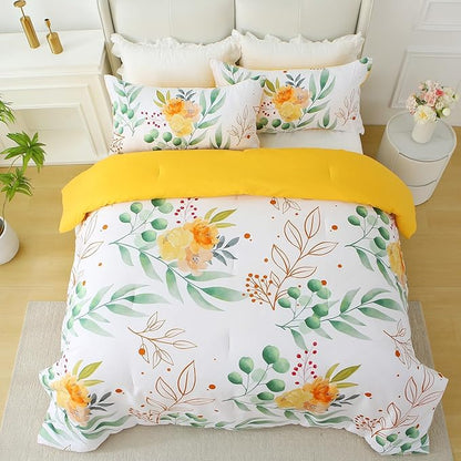 Queen Comforter Set Yellow 3 Pieces Bed in a Bag, Floral Bedding Sets Elegant Botanical Bed Set Lightweight Soft Comforter with 2 Pillowcases for All Season