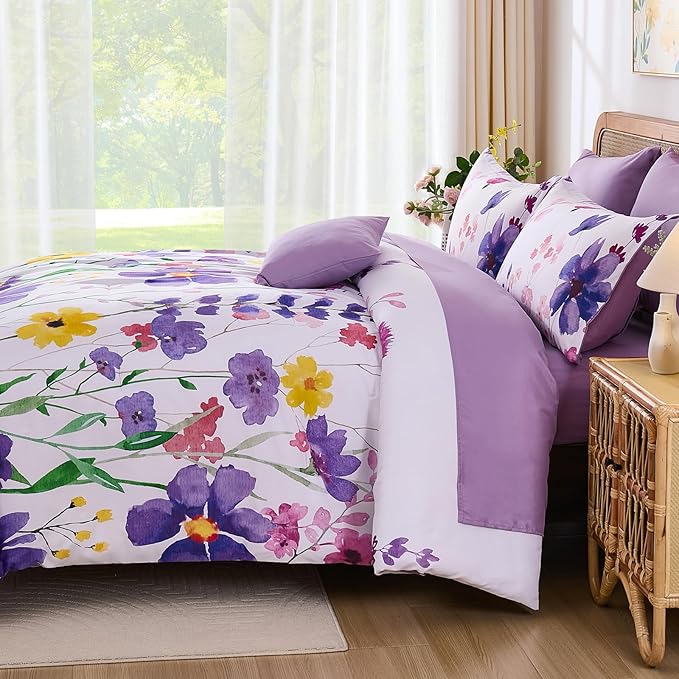 Annibedding Purple Queen Comforter Set, 8 Pieces Soft Microfiber Floral Bed in a Bag Comforter Bedding Set with Pillowcase and Sheets for All Season(90"x90")