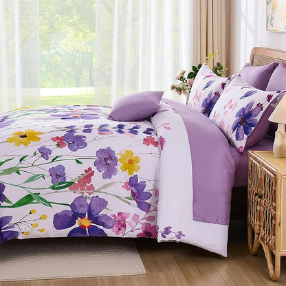 Annibedding Purple Queen Comforter Set, 8 Pieces Soft Microfiber Floral Bed in a Bag Comforter Bedding Set with Pillowcase and Sheets for All Season(90"x90")