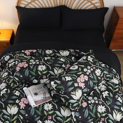 EVENHUG Queen Comforter Set 7 Pieces Lightweight Soft Queen Size Comforters for All Season Floral Bedding Sets Bed in a Bag with Flat Sheet and Fitted Sheet Pillowcases (90"x90")