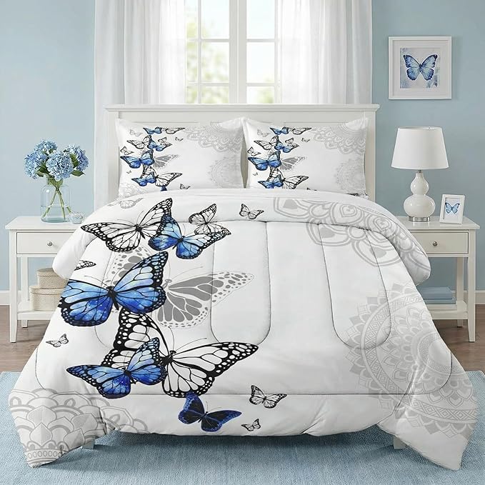 Queen Size Comforter Set with 2 Pillowcases, Summer Spring Blue Butterfly 3 Pcs Bedding for Kids and Adults, Abstract Circular Mandala Floral Soft Comforter Set for Bedroom Bed Decor