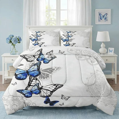 King Size Comforter Set with 2 Pillowcases, Summer Spring Blue Butterfly 3 Pcs Bedding for Kids and Adults, Abstract Circular Mandala Floral Soft Comforter Set for Bedroom Bed Decor
