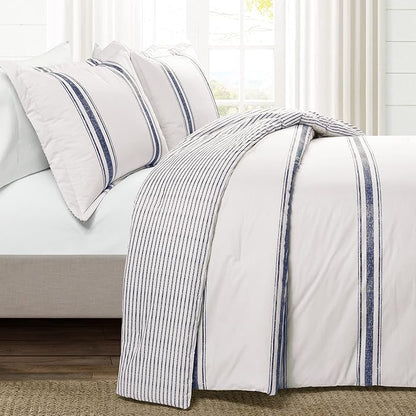 Lush Decor Farmhouse Stripe Reversible Cotton Comforter Set, 3 Piece Set, Full/ Queen, Navy - Cozy Farmhouse Bedding Set - Rustic Decor - Striped Comforter - Modern Farmhouse Bedroom Decor