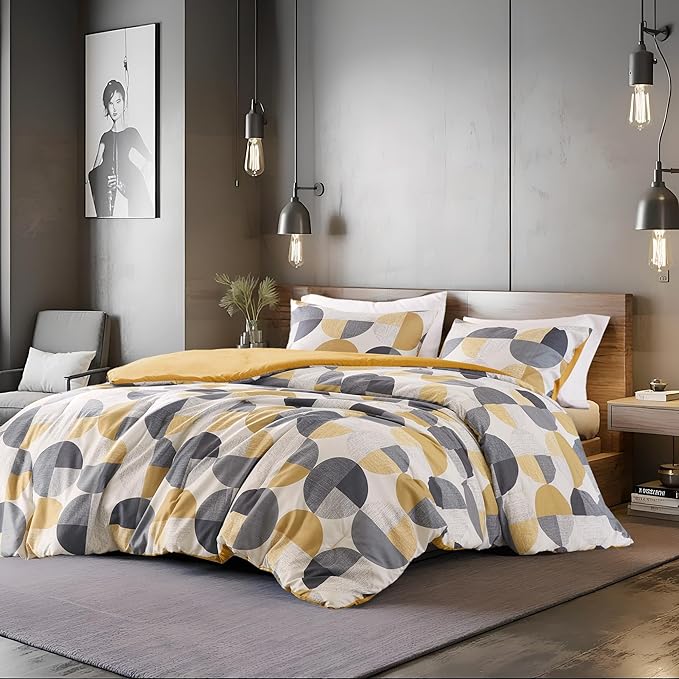 Stylish Three-Tone Printed Queen Size Comforter Set, 3 Pieces Ultra-Soft Microfiber Bedding Set, Warm and Cozy Comforter for All Seasons, Mustard Yellow & Grey