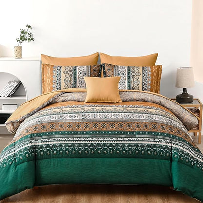 Cottolester Boho Comforter Set Full Size,8 Pieces Brown and Green Bohemian Striped Bed in a Bag,Paisley Soft Microfiber Bedding Comforter Set