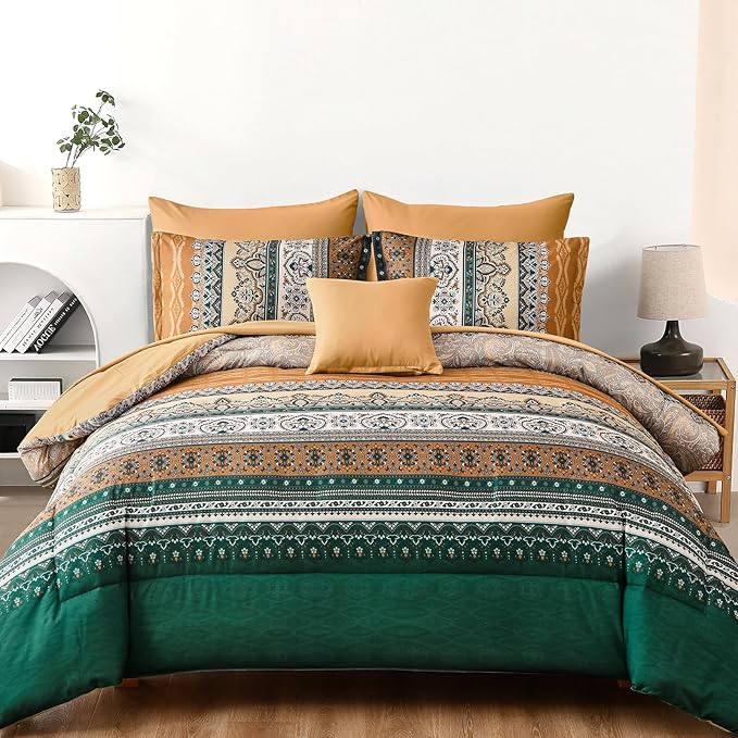 Cottolester Boho Comforter Set King Size,8 Pieces Brown and Green Bohemian Striped Bed in a Bag,Paisley Soft Microfiber Bedding Comforter Set