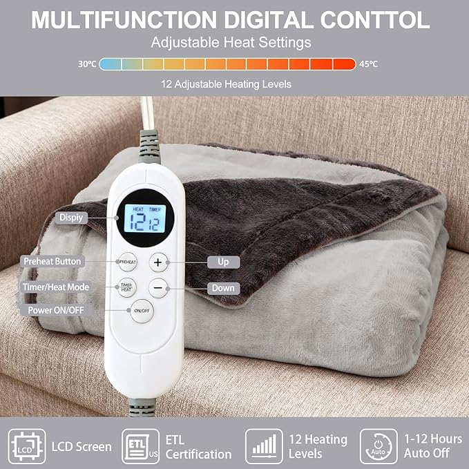 Electric Heated Blanket Throw 50''x60'' – Soft Dual-Sided Flannel, 12 Heat Settings, Smart Timer, ETL & FCC Certified, Machine Washable (Deep Gray & Light Gray, Single(50"x60"))