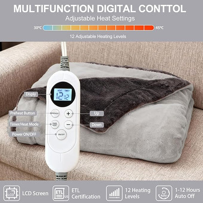Electric Heated Blanket Throw 50''x60'' – Soft Dual-Sided Flannel, 12 Heat Settings, Smart Timer, ETL & FCC Certified, Machine Washable (Deep Gray & Light Gray, Single(50"x60"))