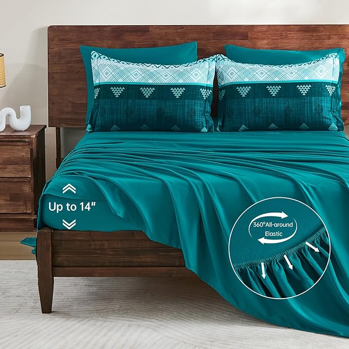 Xruibed Teal King Comforter Set 7 Pieces, Boho Striped Bed in a Bag King Size Soft Microfiber All Season Bedding Set with Comforter, Sheets, Pillowcases & Shams(104"×90")