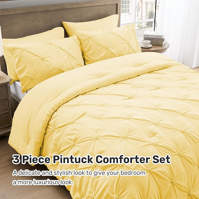 UNIKOME King Size Comforter Set Yellow - Ultra Soft Boho Pintuck Down Alternative Bedding Set for All Seasons, 3 Pieces Lightweight Warm Pinch Pleat Bed Set with Comforter, 2 Pillowcases