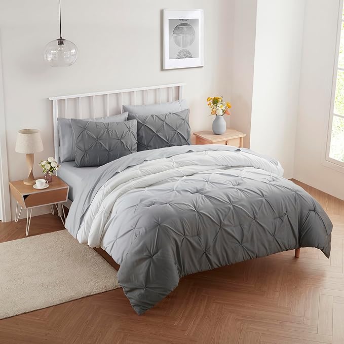 7 Piece Comforter Set Bed in a Bag Ombre Pintuck Design All Season Soft Down Alternative Bedding Comforter Set & Luxurious Matching Bed Sheets & Pillow Shams, Ombre Pintuck Gray, Queen