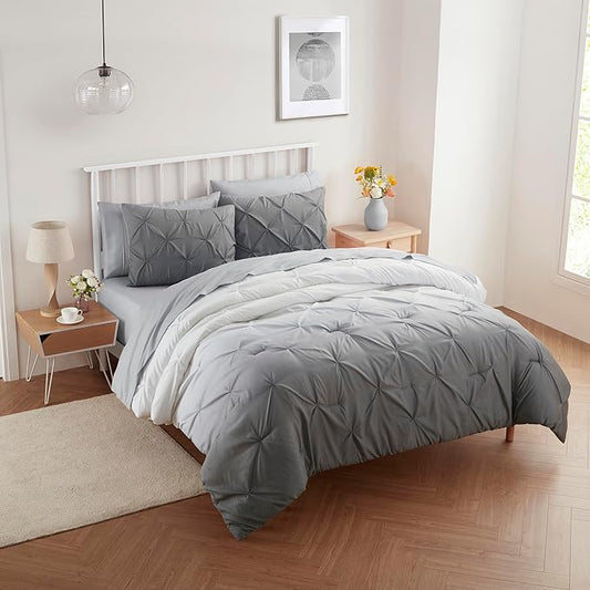 7 Piece Comforter Set Bed in a Bag Ombre Pintuck Design All Season Soft Down Alternative Bedding Comforter Set & Luxurious Matching Bed Sheets & Pillow Shams, Ombre Pintuck Gray, Queen
