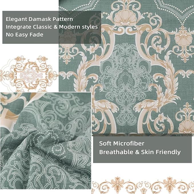 Mybedsoul Sage Green Queen Comforter Set, 7 Pieces Boho Bed in a Bag for Queen Bed, Damask Comforter with Sheets Pillowcases, Soft Microfiber Lightweight Bedding Sets for All Season(90"x90")