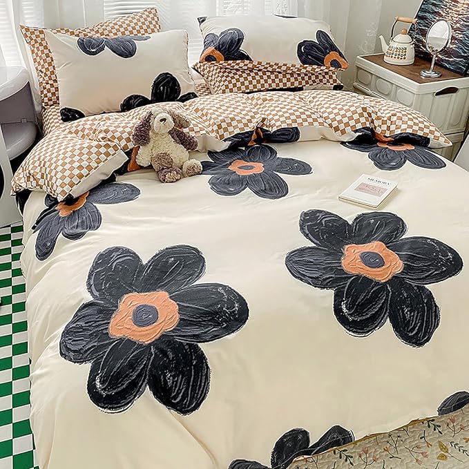 Luxlovery Black Floral Comforter Set Full Black White Sunflower Bedding Set Women Girls Cute Chic Boho Botanical Quilts 3 Piece Beige Bedding Set for Full Bed