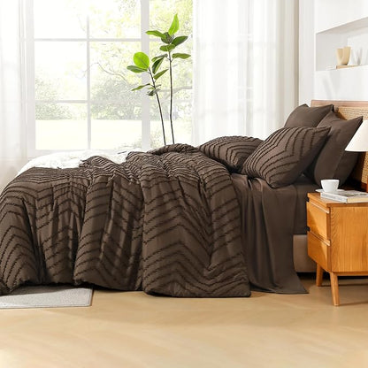 Litanika Oversized King Size Comforter Set with Sheets Brown - 7 Pieces Bed in a Bag Oversized King Boho Tufted Complete Bedding Sets with Comforter, Sheets, Pillowcases & Shams