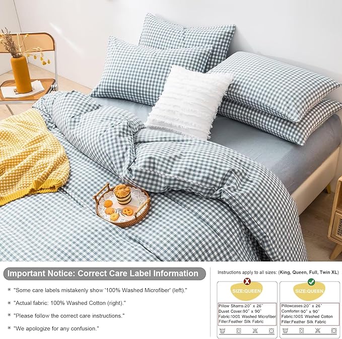 mixinni Blue Gingham Comforter Set Full, Plaid Comforter Set 3 Pieces 1 Blue Grid Comfoter with 2 Pillow Cases for All Seasons, Soft Fluffy Modern Grid Pattern Printed Bedding-Full Size