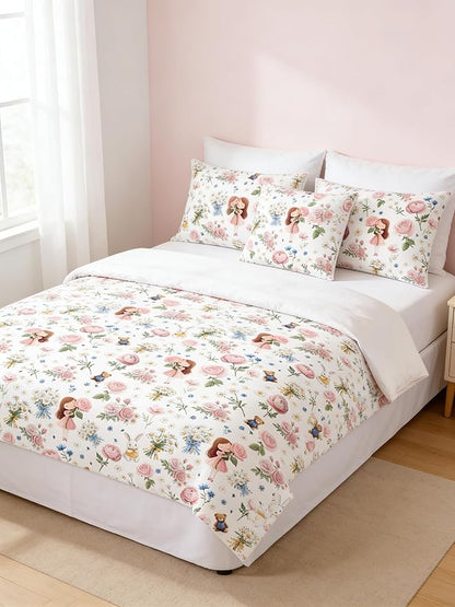 Girls Botanical Floral Comforter Set King Size, 3Pcs Pink Rose Bedding for Kids Kawaii Bedroom Decor, Cute Priness Girly Rabbit Bear Comforter Set with 2 Pillowcases, 90"x90"