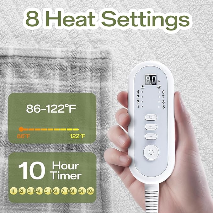 Electric Blanket Heated Full Size-72" x 84" Heated Blanket with 8 Heat Levels & 10 Hours Auto Off, Fast Heating Sherpa Blankets with ETL & FCC Certification, Washable, Grey Plaid