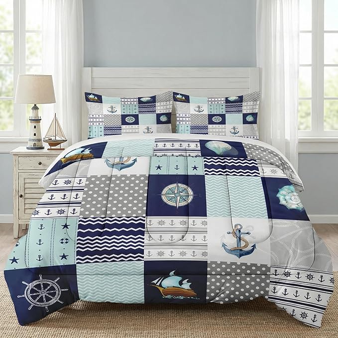 Full Size Comforter Set with 2 Pillowcases, Nautical Blue Marine Summer 3 Pcs Bedding for Kids and Adults, Sea Ocean Boat Plaid Soft Comforter Set for Bedroom Bed Decor