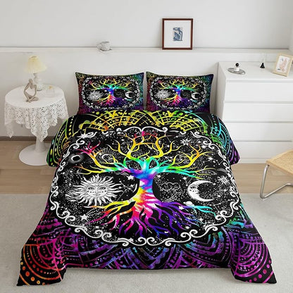 Erosebridal Sun and Moon Comforter Set Queen,Black and White Bedding Set for Kids Boys Girls,Psychedelic Tree of Life Down Comforter,Galaxy Stars Mandala Tribal Quilted Duvet 3pcs All Season Soft