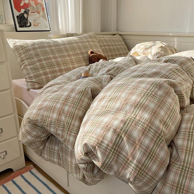 mixinni Twin XL Comforter Set, Green Buffalo Plaid Bedding Set 3-Piece, Vintage Geometric Pattern, Lightweight & Fluffy Comforter, Soft Breathable Grid Bed Set for All-Season,(Green, Pink, White)