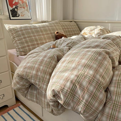 mixinni Twin XL Comforter Set, Green Buffalo Plaid Bedding Set 3-Piece, Vintage Geometric Pattern, Lightweight & Fluffy Comforter, Soft Breathable Grid Bed Set for All-Season,(Green, Pink, White)
