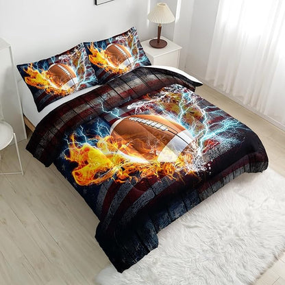 Football Comforter Sets Full Size, Bedding Sets for Kids,US Flag and Fire Football Comforter Sets All Season 1 Comforter and 2 Pillowcases