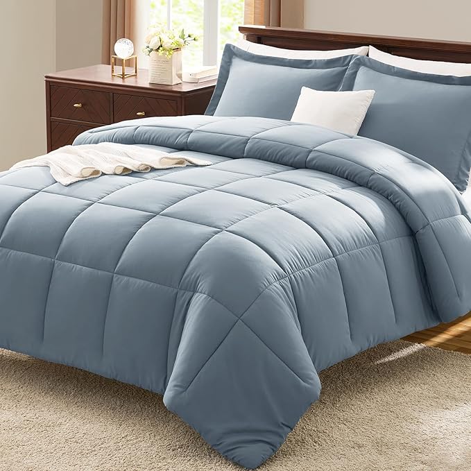 CozyLux King Comforter Set - Grayish Blue Comforter King Size, 3 Pieces Box Stitched Bed Set for All Seasons, Soft Lightweight Bedding Sets with 1 Down Alternative Comforter and 2 Pillow Shams