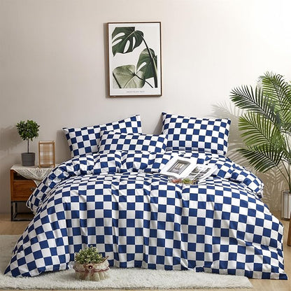 Houseri Royal Blue White Plaid Comforter Set Twin Size Boys Girls Bright Blue Grid Bedding Comforters Kids Deep Ocean Blue Checkerboard Bedding Sets Twin Dark Blue Checkered Gingham Comforter Set Twin
