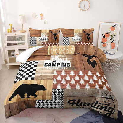 Bear and Deer Comforter Set King Size,Camping Camo Wild Animals Hunting Bedding Set for Kids Teens and Adults Soft Microfiber All Season(1 Comforter & 2 Pillowcases)