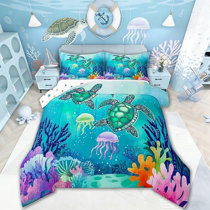 Sea Turtle Bedding Set Green Blue Ocean Duvet Insert Twin,Colorful Underwater World Comforter Set for Kids Child,Nautical Sea Animal Reptile Quilted Duvet Under Sea Fish Jellyfish Bedroom Decor