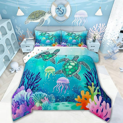 Sea Turtle Bedding Set Green Blue Ocean Duvet Insert Twin,Colorful Underwater World Comforter Set for Kids Child,Nautical Sea Animal Reptile Quilted Duvet Under Sea Fish Jellyfish Bedroom Decor