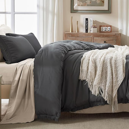 Andency Queen Comforter Set Dark Grey, 3 Pieces Boho Tassel Lightweight Bedding Comforter Sets, Winter Soft Fluffy Fringe Bed Set (90x90In Comforter & 2 Pillowcases)