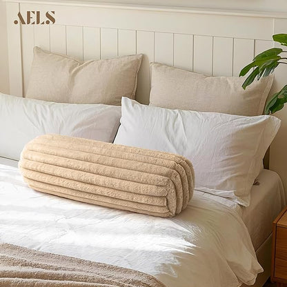 AELS Faux Fur Striped Cylinder Pillows Set of 2, 8" x 24" Decorative Modern Bolster Pillows with Removable Washable Cover & Insert, Body Pillow for Couch Bed, Living Room Bedroom Nursery Decor, Sand