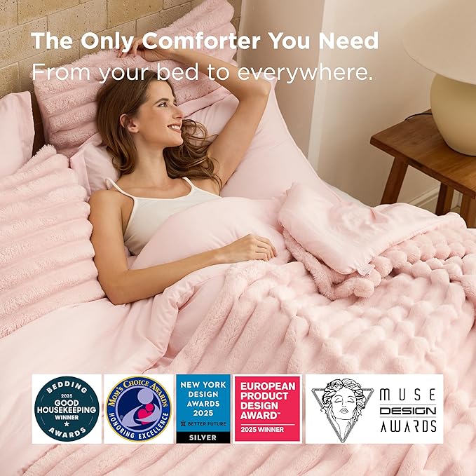 Bedsure Gentlesoft™ 2-in-1 King Size Comforter Set and Detachable Fluffy Blanket, Pink Bedding Set for All Season Use, SnapTech™ Design for Space Saving (Includes 2 Pillow Shams, 2 Pillowcases)