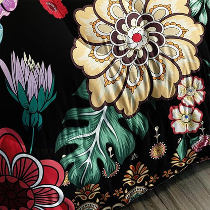 3 Pieces Colorful Floral Comforter Set,Paisley Bedding Set King Size,Bohemian Farmhouse Flower Leaves Printed on Black Design,All Season Lightweight Soft Microfiber (1 Comforter with 2 Pillowcases)
