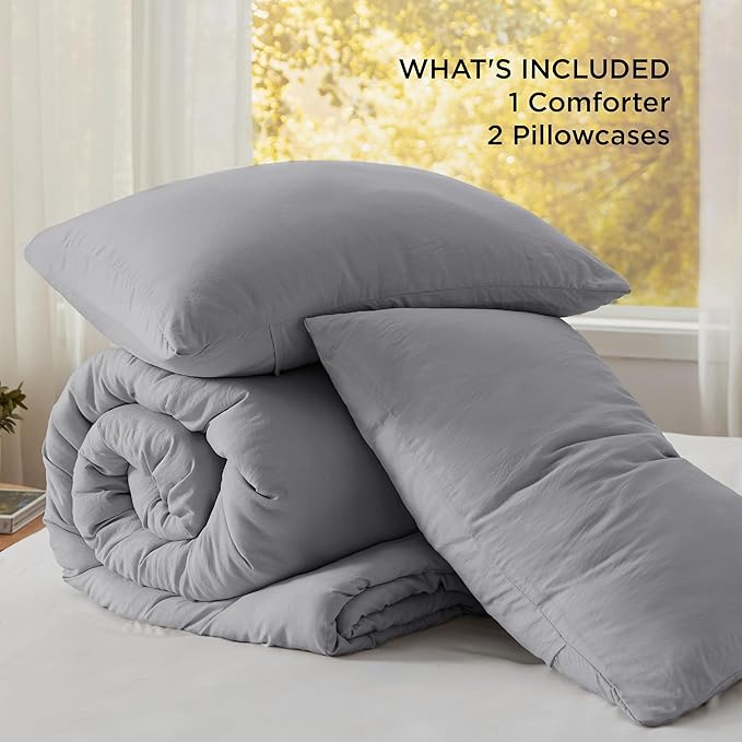 Bedsure Full Comforter Set, Grey Soft Prewashed Bedding for All Seasons, 3 Pieces GentleSoft™ Bed Set, 1 Lightweight Comforter (82"x86") and 2 Pillowcases (20"x26")