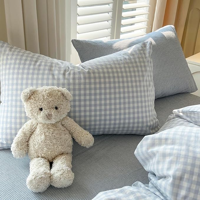 VM VOUGEMARKET Gingham Comforter Set Full Blue White Plaid Checked Bedding Comforter with 2 Pillowcases Modern Cozy Lightweight for Studengts Girls Boys