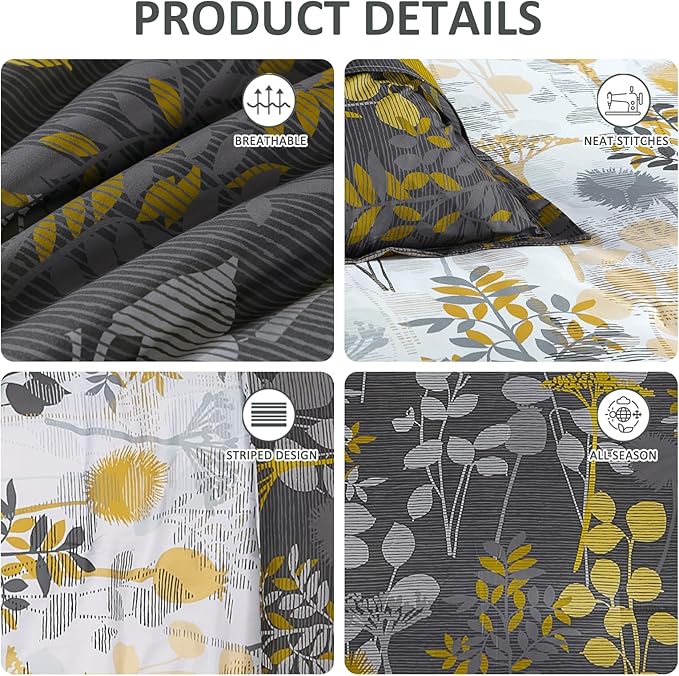 Anibedding 7Pieces King Size Comforter Set, Grey Botanical Bed in a Bag Complete Set with Sheet Pillowcase for Bedroom All Season