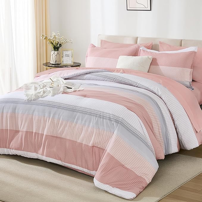 Andency Full Size Comforter Set 7 Pieces - Pink Striped Lightweight Bed in a Bag, Fully Microfiber Bedding Breathable All Season Beddding Set with Comforter, Fitted & Flat Sheet, Pillowcases & Shams