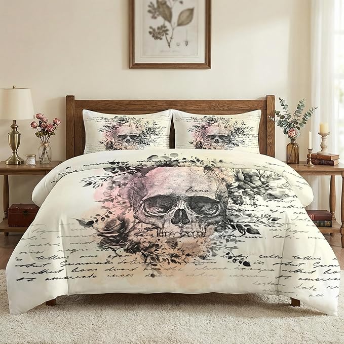 Full Size Comforter Set with 2 Pillowcases, Rock Goth 3 Pcs Bedding for Adults, Retro Gothic Soft Comforter Set for Bedroom Bed Decor
