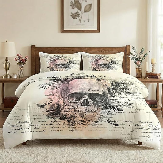 King Size Comforter Set with 2 Pillowcases, Rock Goth 3 Pcs Bedding for Adults, Retro Gothic Soft Comforter Set for Bedroom Bed Decor