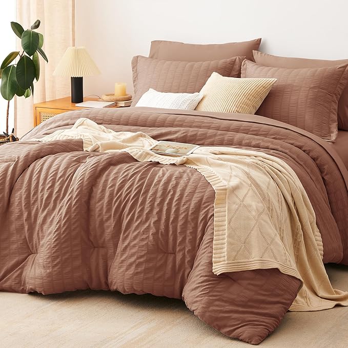 CozyLux King Size Comforter Set Mocha Mousse Seersucker 7 Pieces Bed in a Bag King Comforter Set with Sheets, Luxury Bedding Set with Down Alternative Comforter, Sheets, Pillowcases & Shams All Season