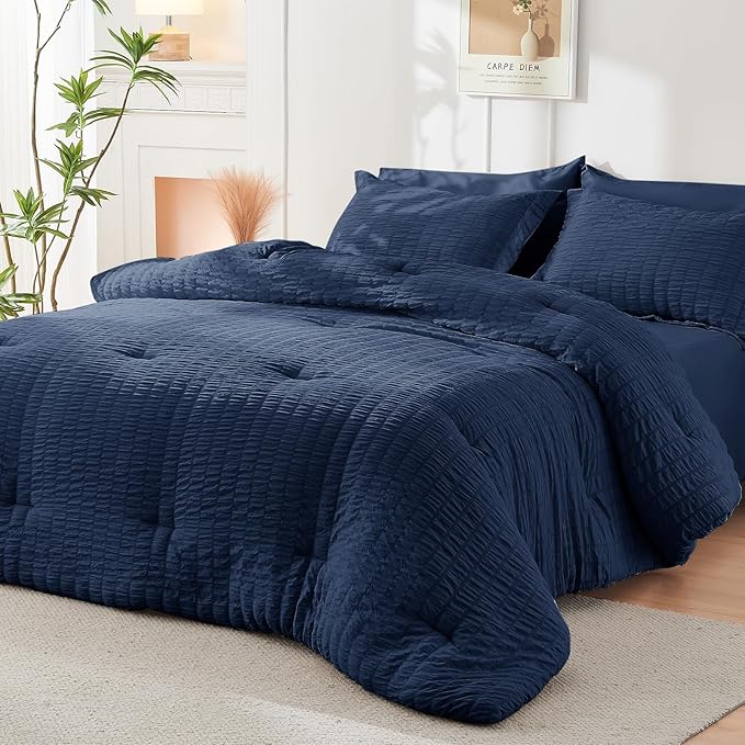 HYMOKEGE Navy Blue Full Size Comforter Sets Seersucker 7 Pieces, All Season Luxury Bed in a Bag for Bedroom, Bedding Set with Comforters, Sheets, Pillowcases & Shams