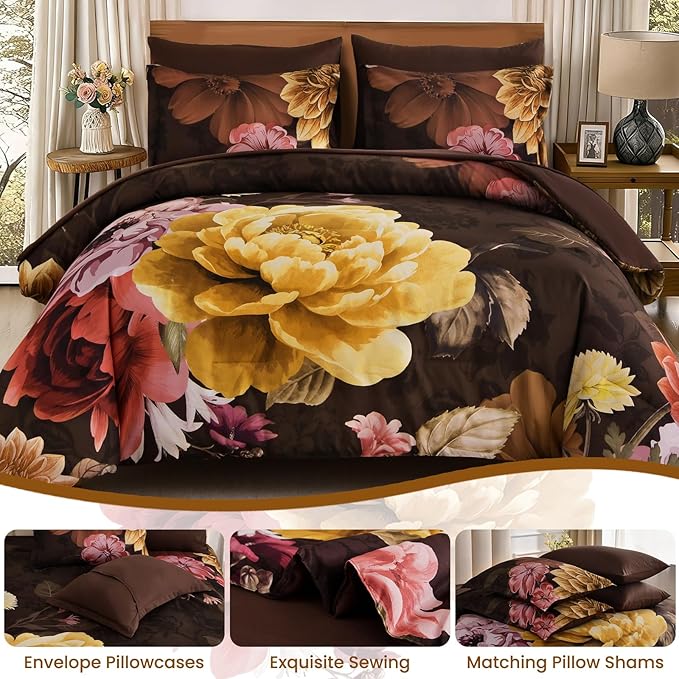 WONGS BEDDING 7 Pieces Comforter Set Queen Size, Floral Botanical Bed in a Bag Brown Flower Bedding Set, Soft Microfiber for All Season with Pillowcases & Shams,Sheets(90"×90")